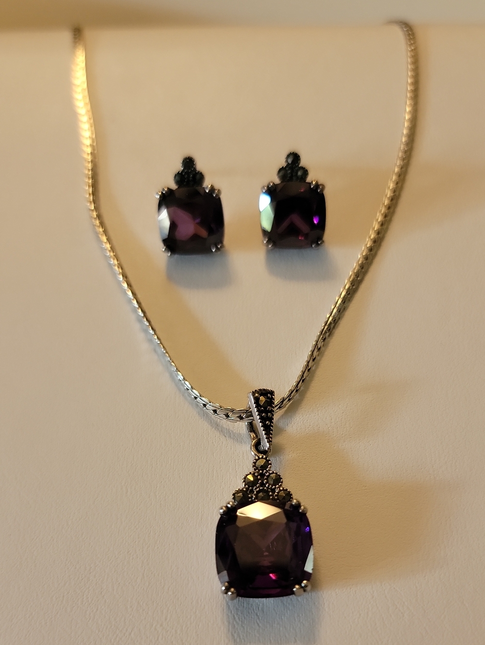 Sterling Silver Amethyst Pendant and Earrings Set - Purple/Marcasite